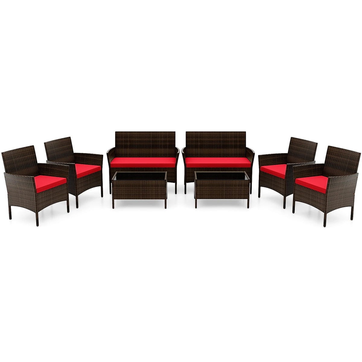 Costway 8PCS Patio Rattan Furniture Set Cushioned Sofa Coffee Table Backyard Porch Red