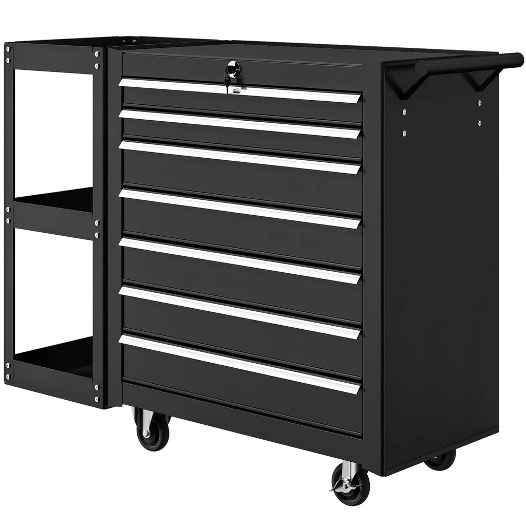CoSoTower 7-Drawer Rolling Tool Chest with Detachable Side Shelf, Lockable Tool Cabinet Box Organizer with Wheels, Black