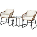 Patiojoy 3 Pieces Outdoor Furniture Set Patio Bistro Set w/2 Armchairs & Tempered Glass Table White