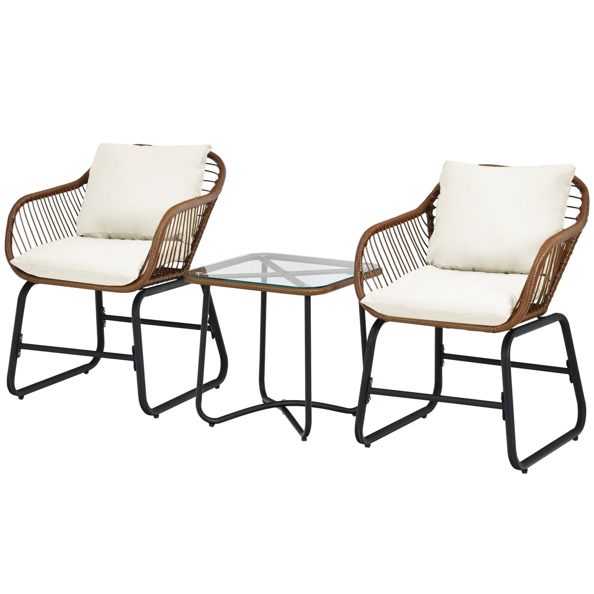 Patiojoy 3 Pieces Outdoor Furniture Set Patio Bistro Set w/2 Armchairs & Tempered Glass Table White