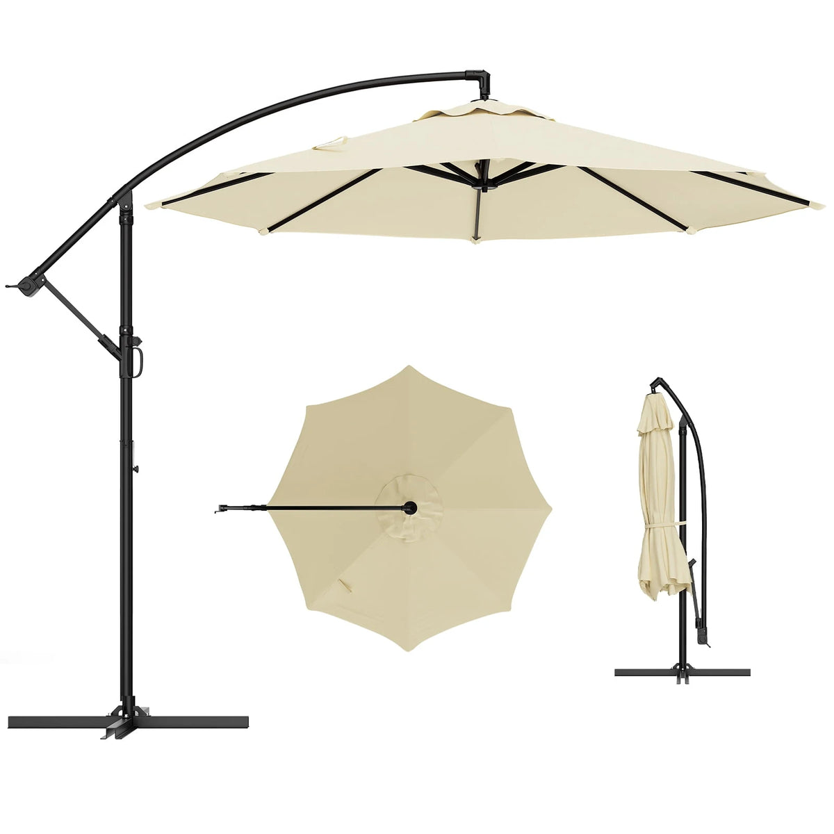 10 Ft Cantilever Patio Umbrella, Beige, 360-Degree Rotation, Infinite Tilt, 8-Rib Frame and UV-Resistant Canopy
