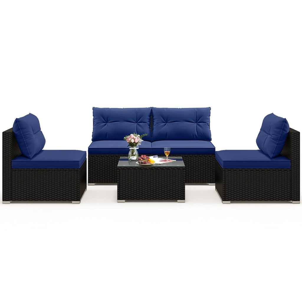 Gymax 5 PCS Patio Furniture Set w/ Seat & Back Cushions Tempered Glass Tabletop Navy