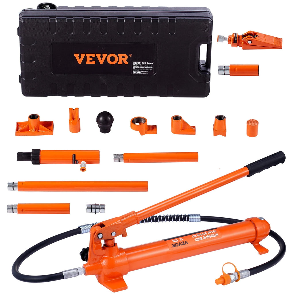 VEVOR 12-Ton Porta Power Hydraulic Ram Kit, Pump, 4.6 ft Oil Hose and Storage Case for Automotive and Farm Repairs