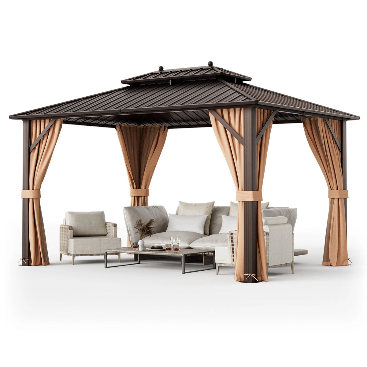 Gymax 10'x13' Patio Double-Roof Hardtop Gazebo w/ Galvanized Steel Roof Aluminum Frame