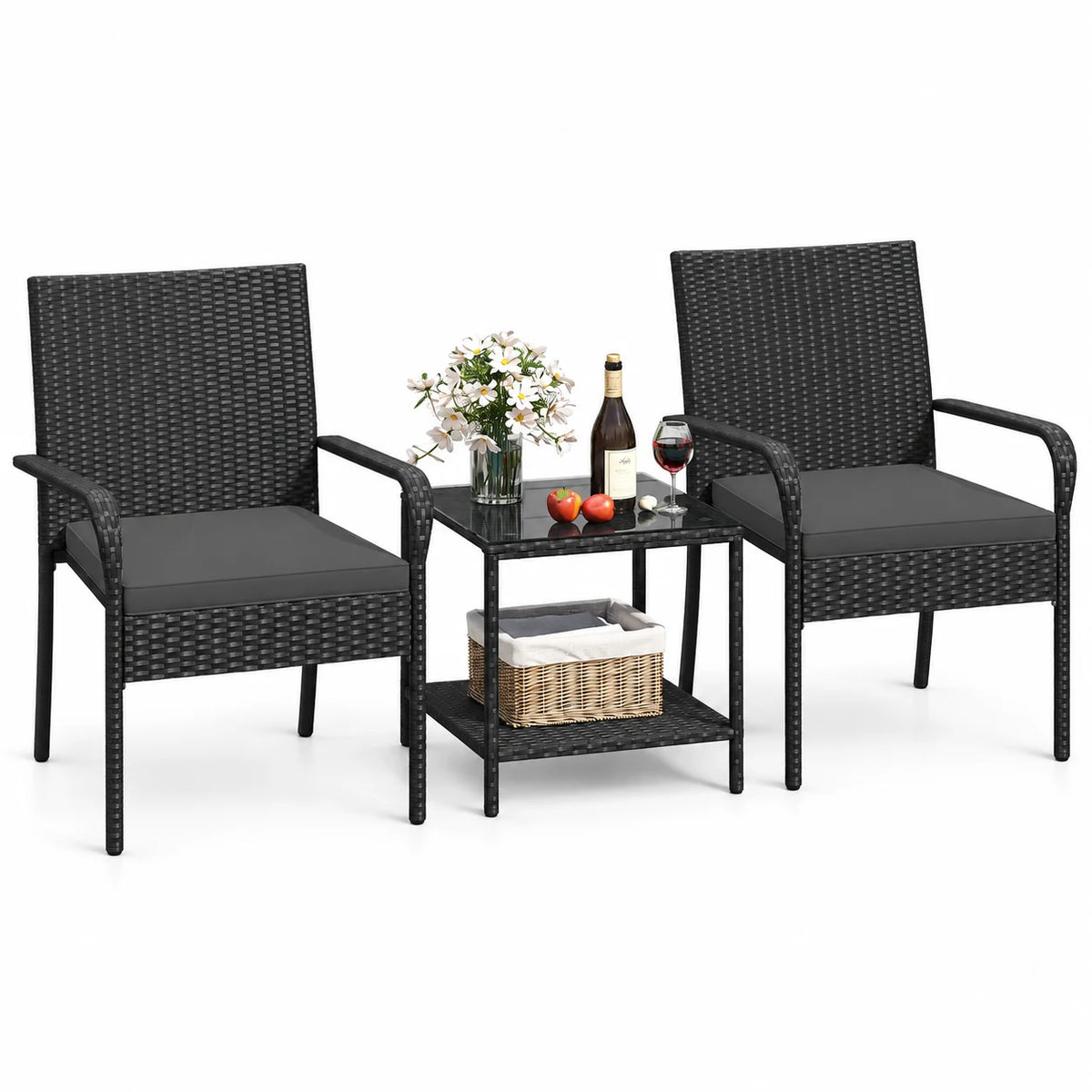 Gymax 3 Piece Patio Furniture Set Outdoor Wicker Chair & Table Set w/ Seat Cushions Black