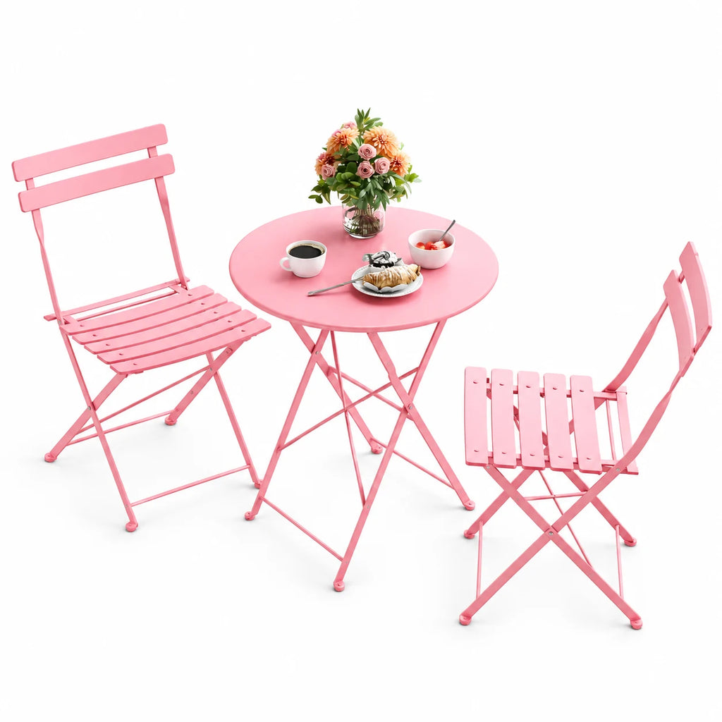 Bingirl 3-Piece Folding Metal Patio Bistro Set, Coffee Table and 2 Chairs for Balcony, Porch or Garden, Pink