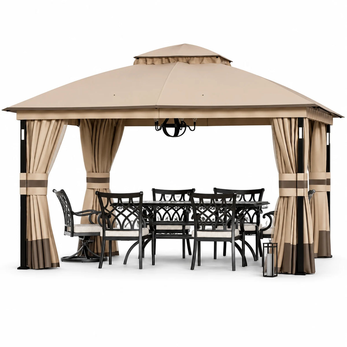 Modern Shade 11'x13' Gazebo with LED Lights & Bluetooth Speaker, Double Roof Metal Patio Canopy with Netting & Curtains, Khaki