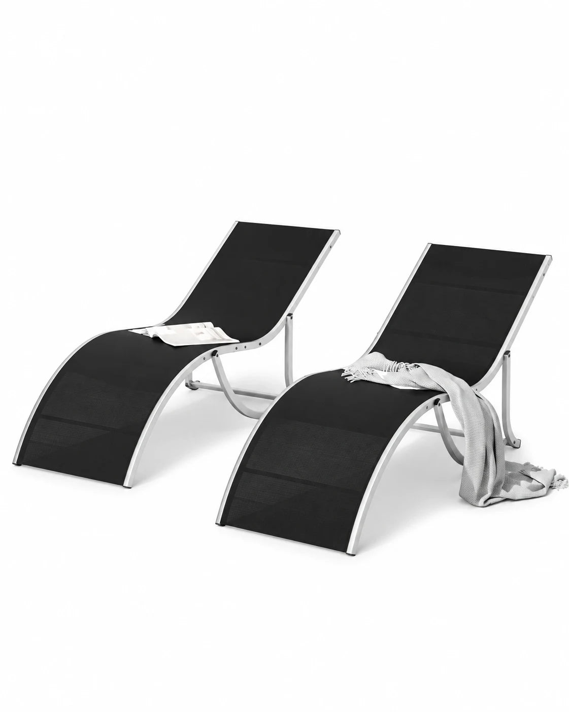 Outdoor Chaise Lounge Chairs, Set of 2, Waterproof Reclining Sun Loungers for Patio, Beach or Poolside, Black