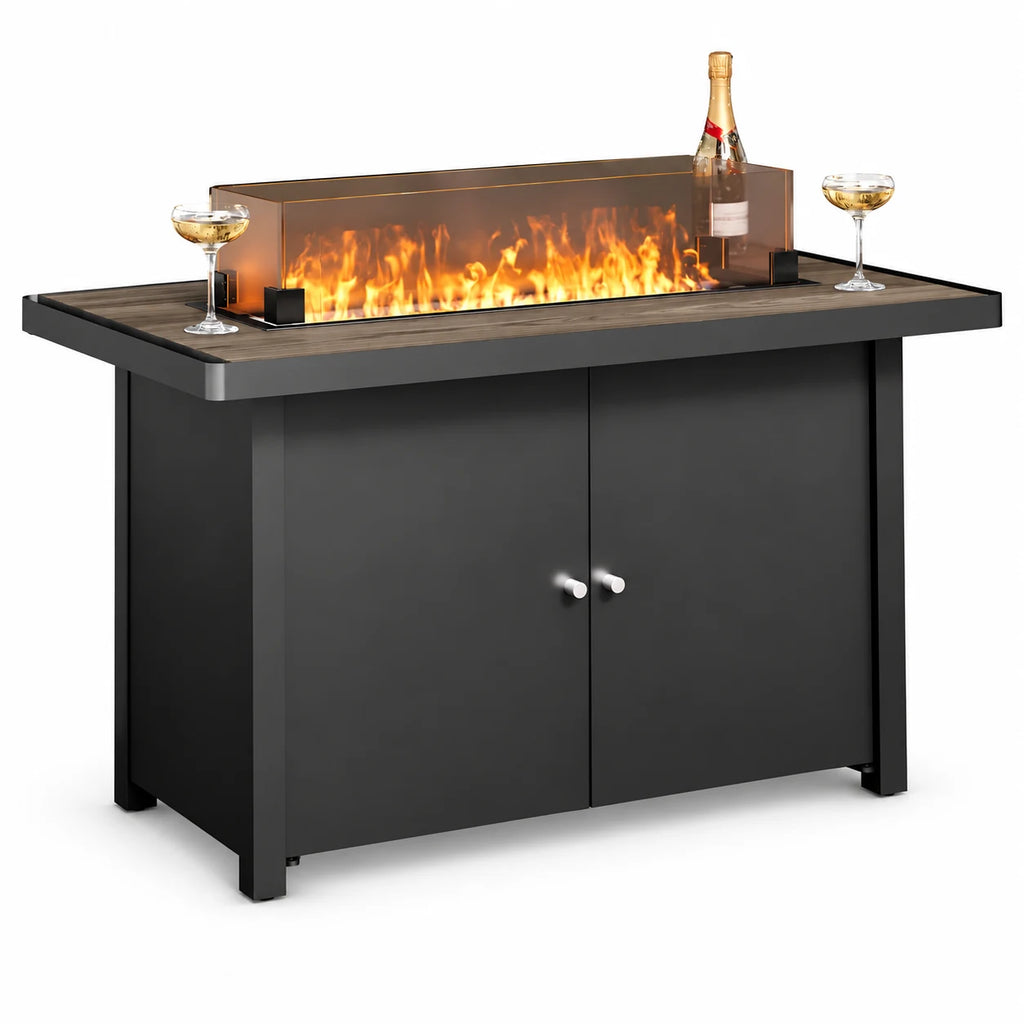 KAMEROUT 43" Outdoor Fire Pit Table, 55,000 BTU Patio Propane Fire Pit with Wood Grain Tabletop & Wind Guard, Black