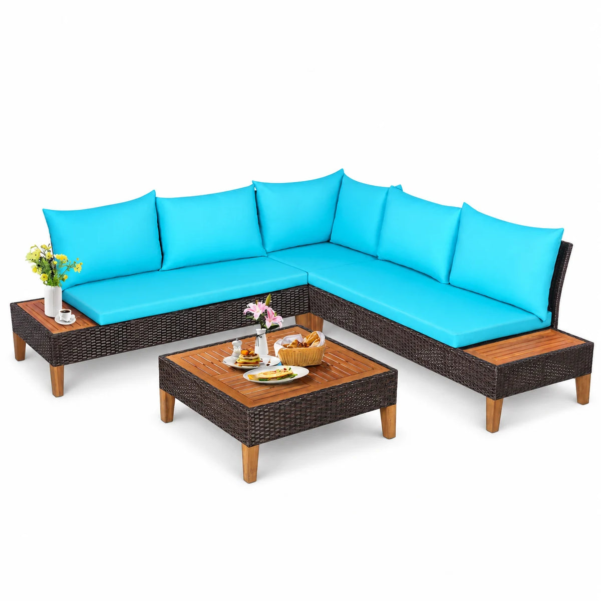 Costway 4PCS Patio Rattan Furniture Set Cushioned Loveseat w/Wooden Side Table Turquoise