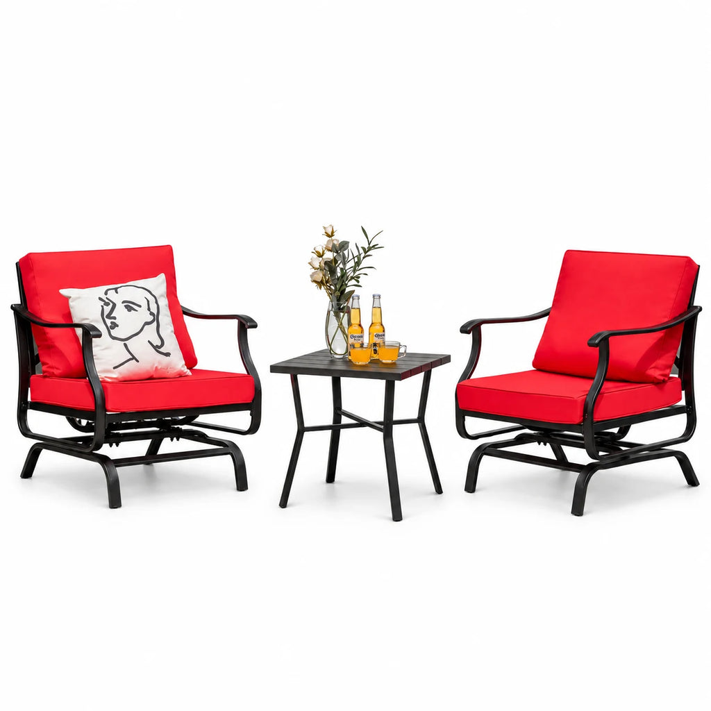 Gymax 3PCS Outdoor Rocking Chair Set Patio Conversation Bistro Set w/ Red Cushions