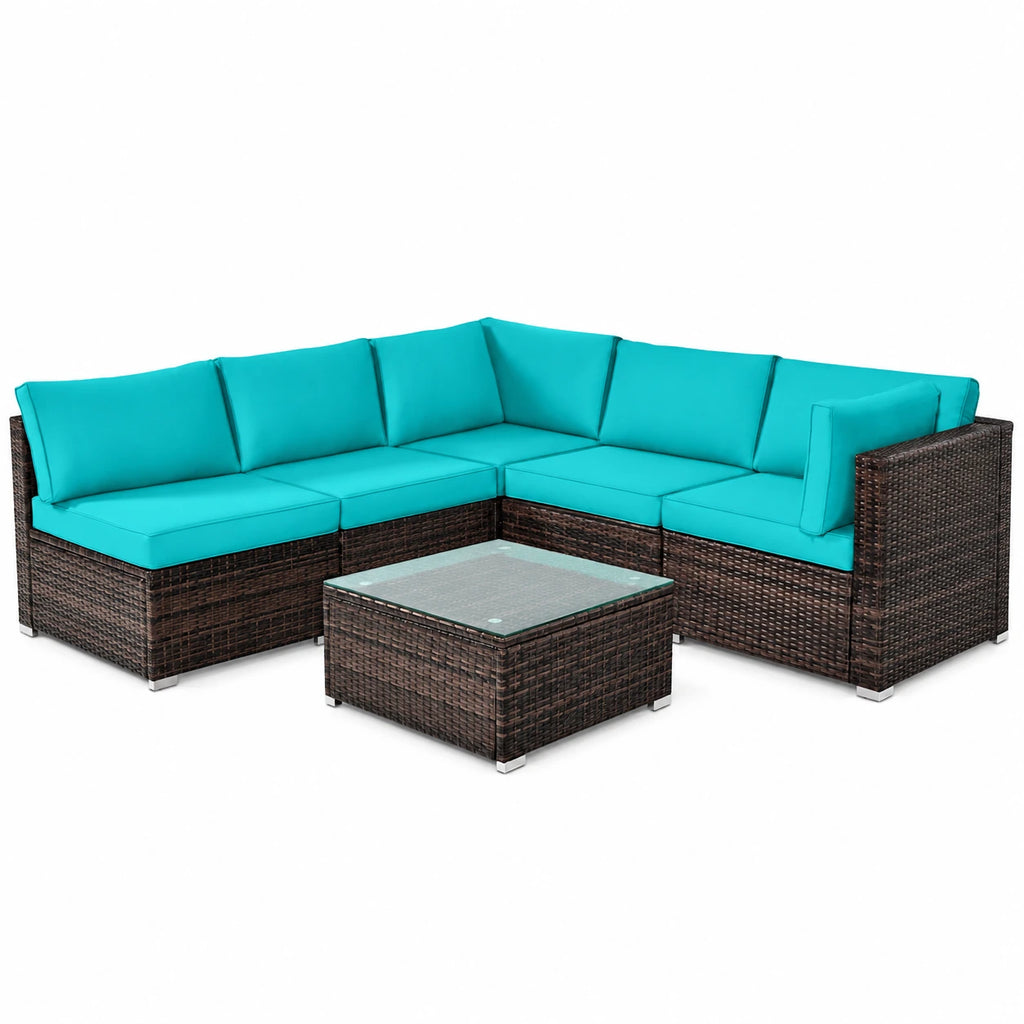 Patiojoy 6PCS Wicker Patio Sectional Conversation Furniture Set with Coffee Table & Seat Cushions Turquoise